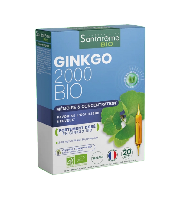 Santarome Bio Ginkgo 2000 20 ampoules mémoire concentration